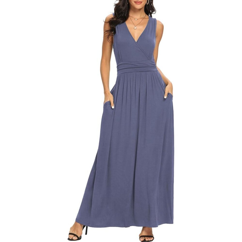 Women Purple Grey Deep V Neck Sleeveless Loose Plain Long Maxi Stretchy Dress - Picture 2 of 6